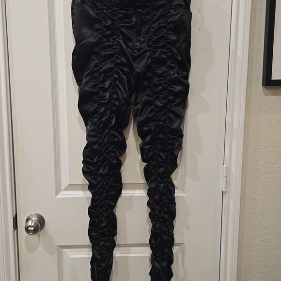 Akira Bow Down Ruched Satin Pants- Black - Picture 6 of 8